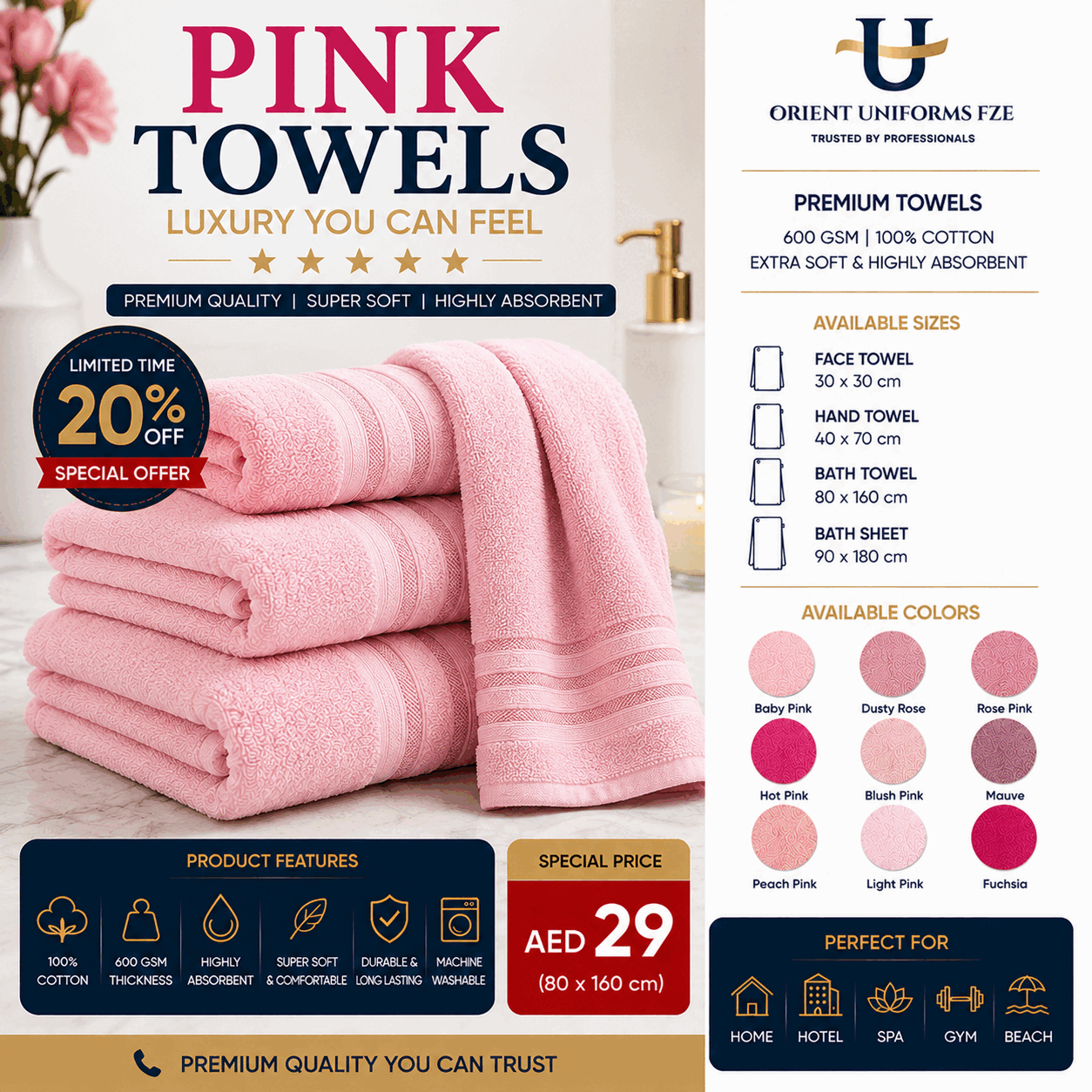 Pink Towels for UAE commercial textile supply