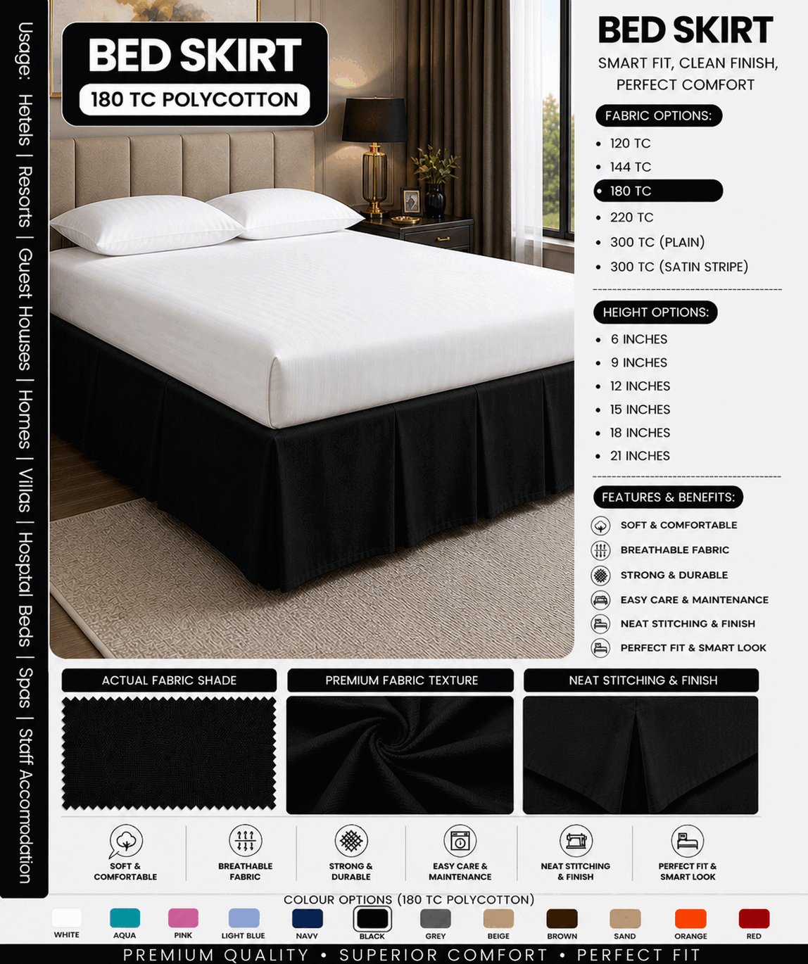 Black Bed Skirt for UAE commercial textile supply