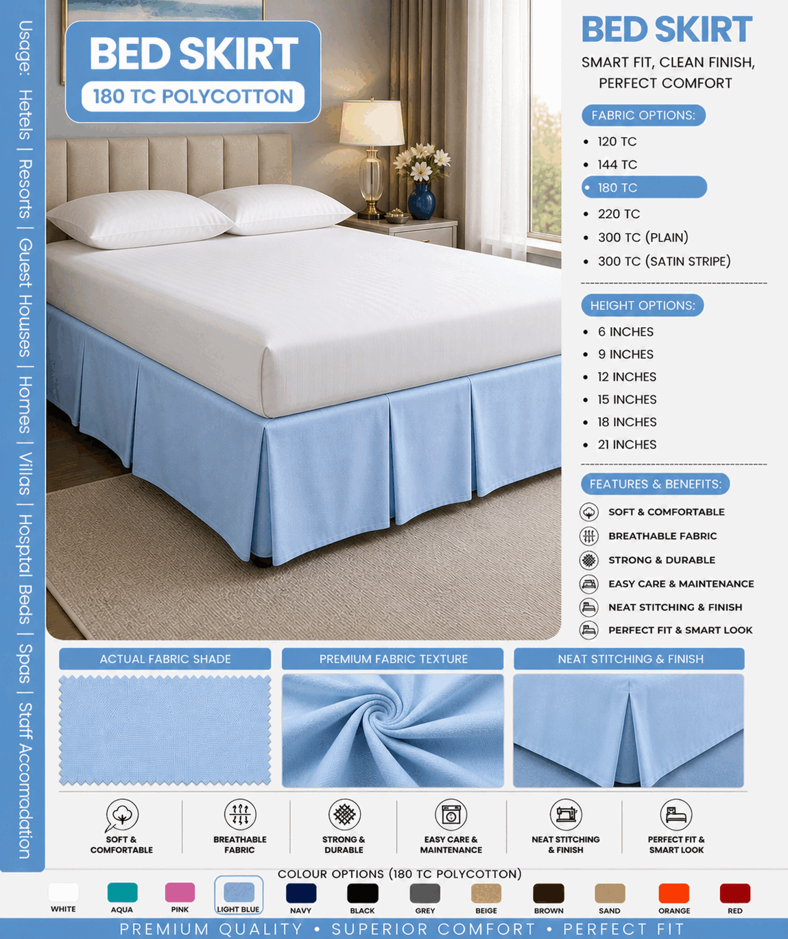 Blue Colour Bed Skirt for UAE commercial textile supply