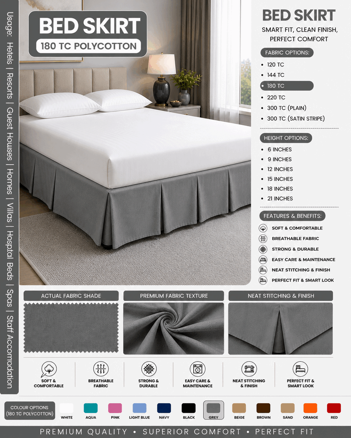 Grey Colour Bed Skirt for UAE commercial textile supply
