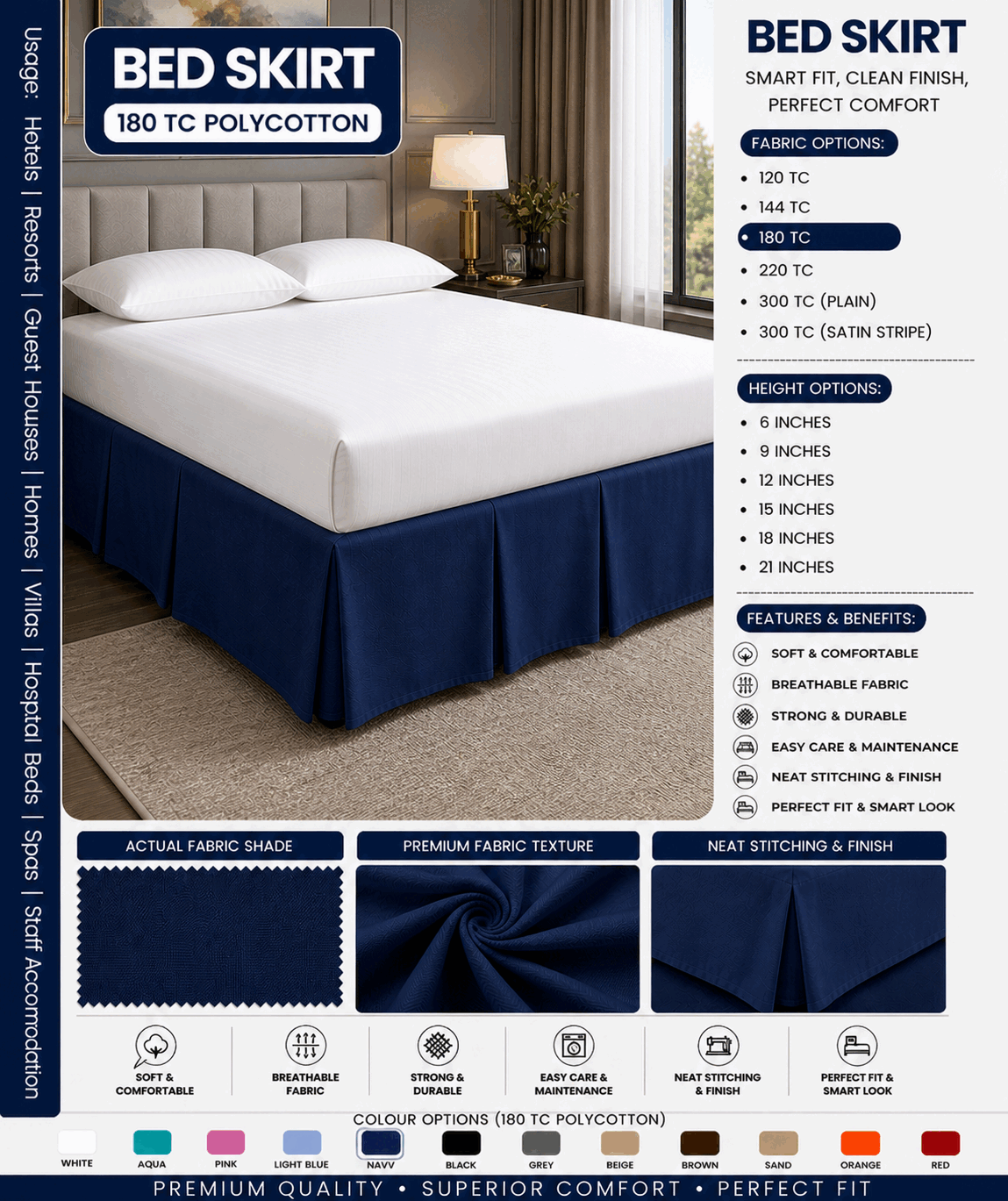 Navy Blue Bed Skirt for UAE commercial textile supply