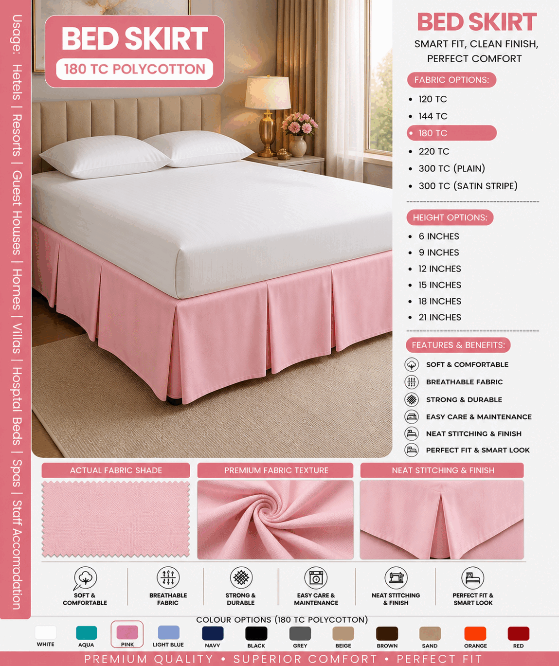 Pink Colour Bed Skirt for UAE commercial textile supply