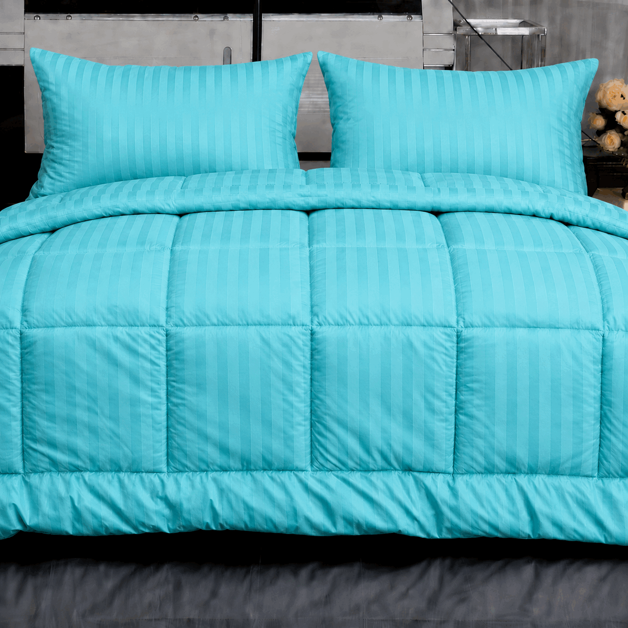 Aqua Striped Quilted Bedding Showcase for UAE commercial textile supply