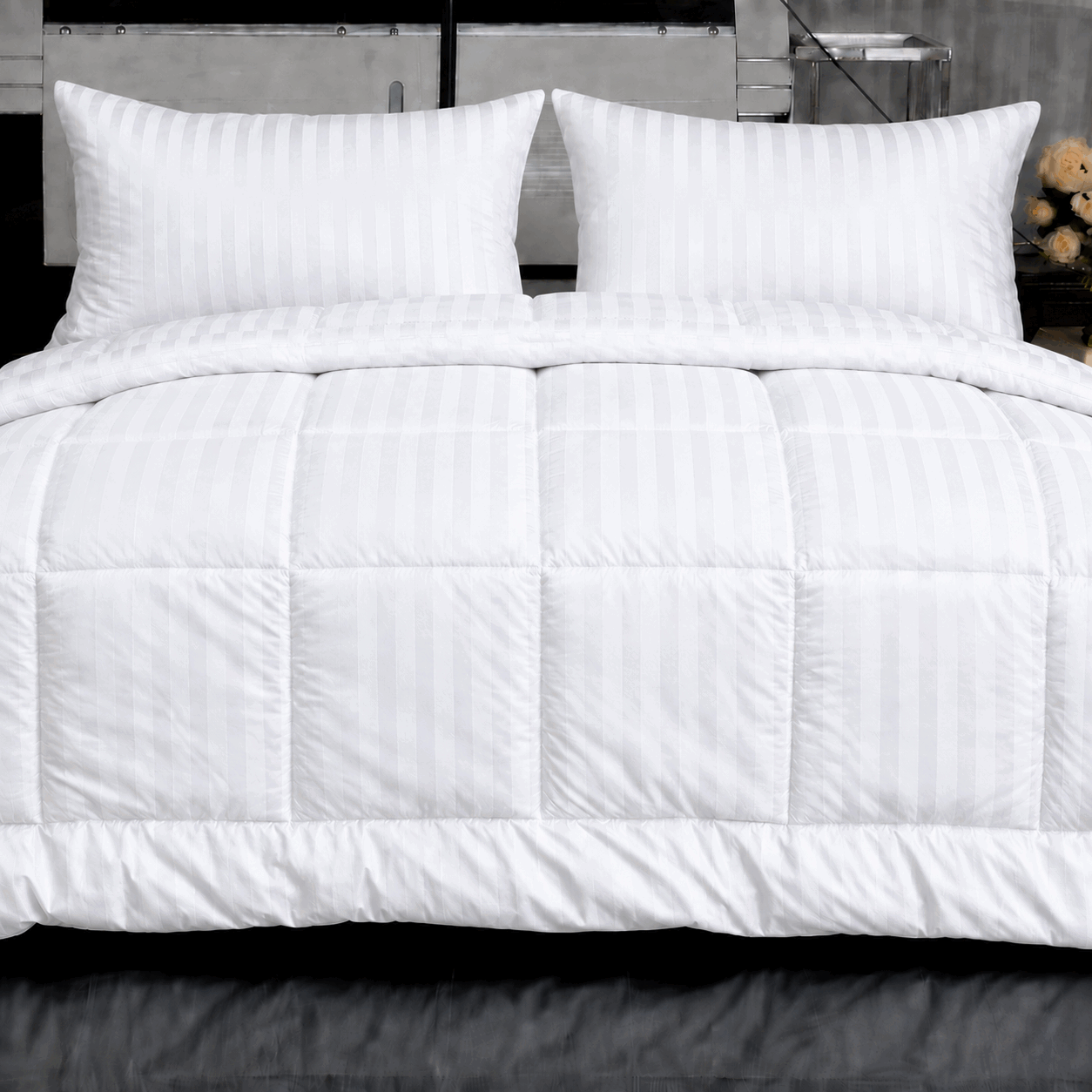 Modern White Striped Bedding Display for UAE commercial textile supply