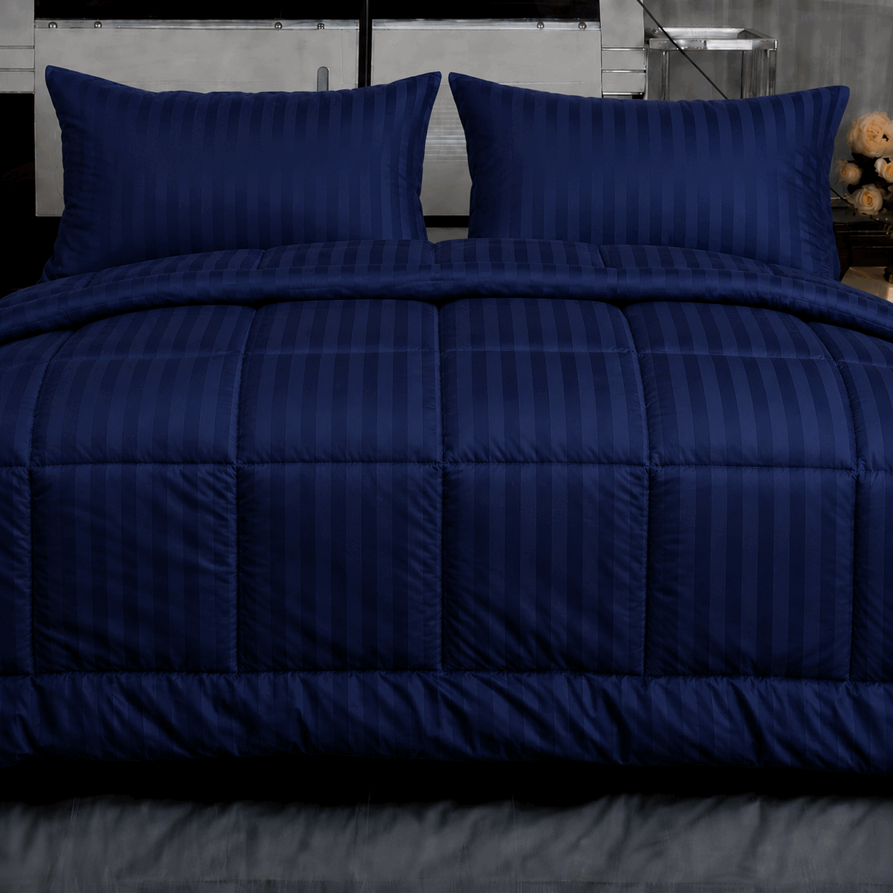 Navy Striped Comforter In Modern Bedroom for UAE commercial textile supply