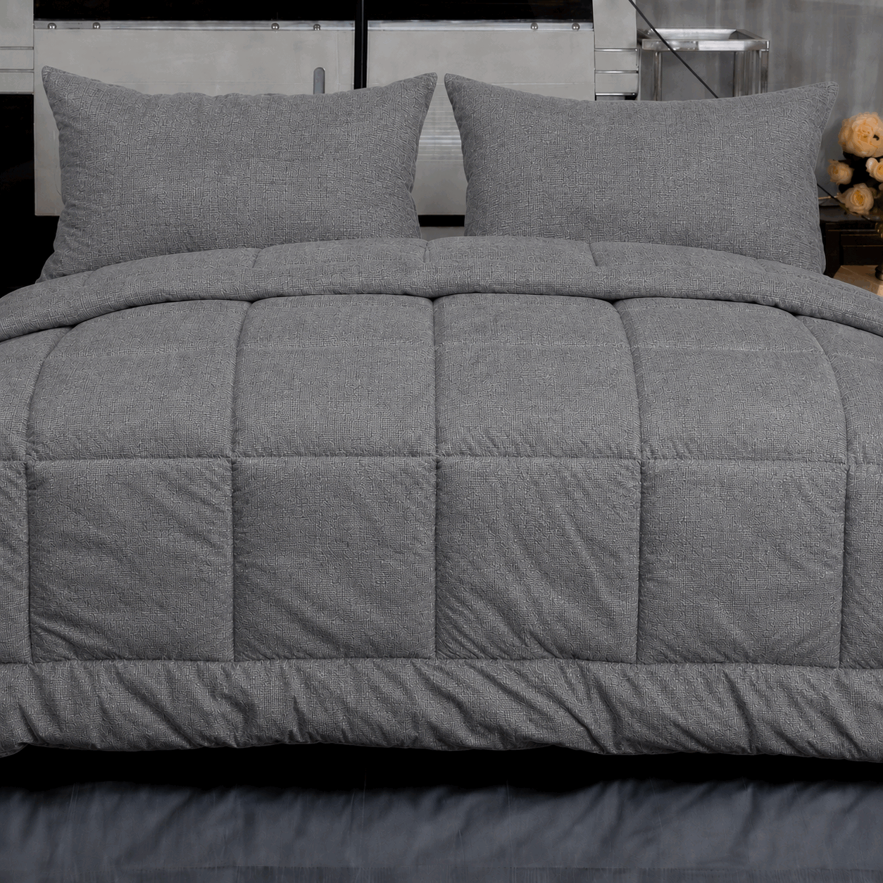 Plush Grey Quilted Bedding Set for UAE commercial textile supply