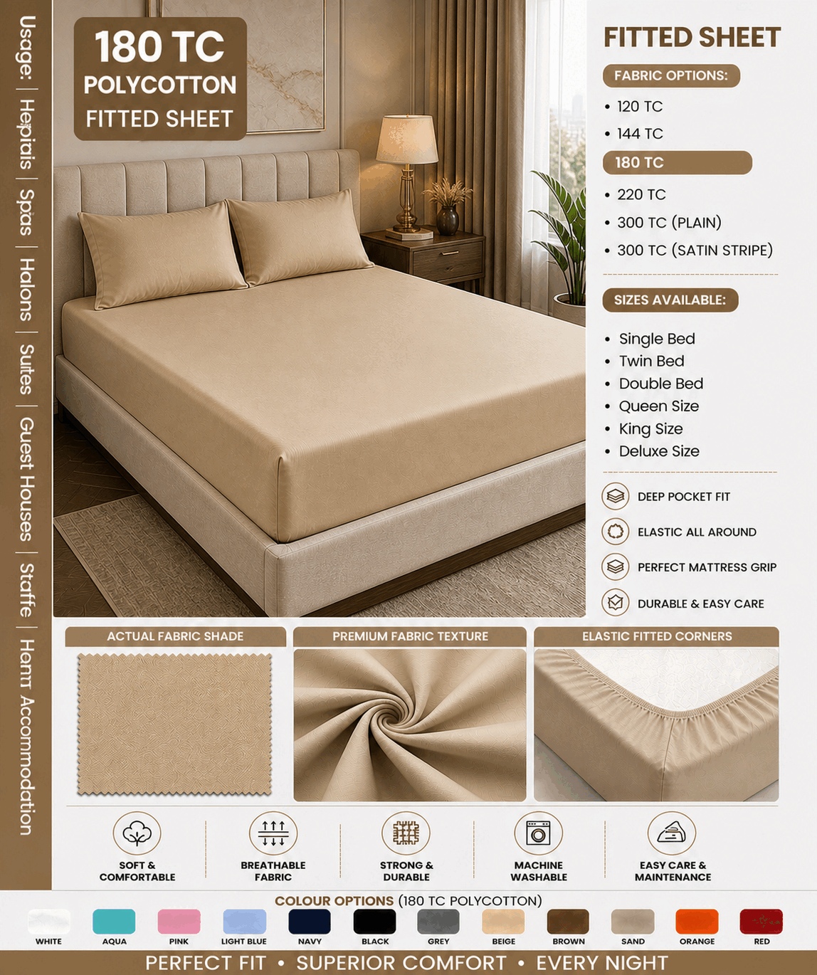 Beige Colour Fitted Bed Sheet for UAE commercial textile supply