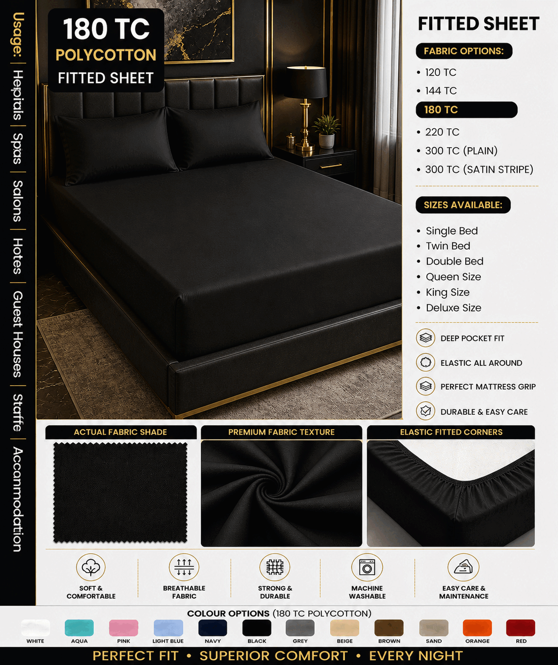 Black Fitted Bed Sheet for UAE commercial textile supply