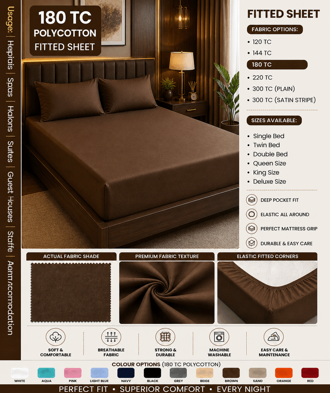 Brown Colour Fitted Bed Sheet for UAE commercial textile supply