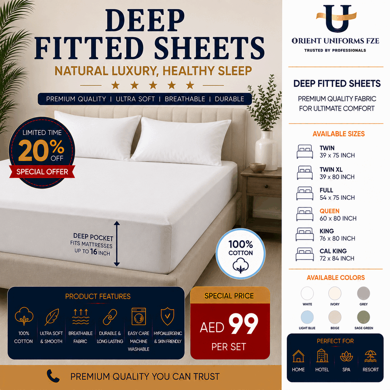 Deep Fitted Sheets for UAE commercial textile supply