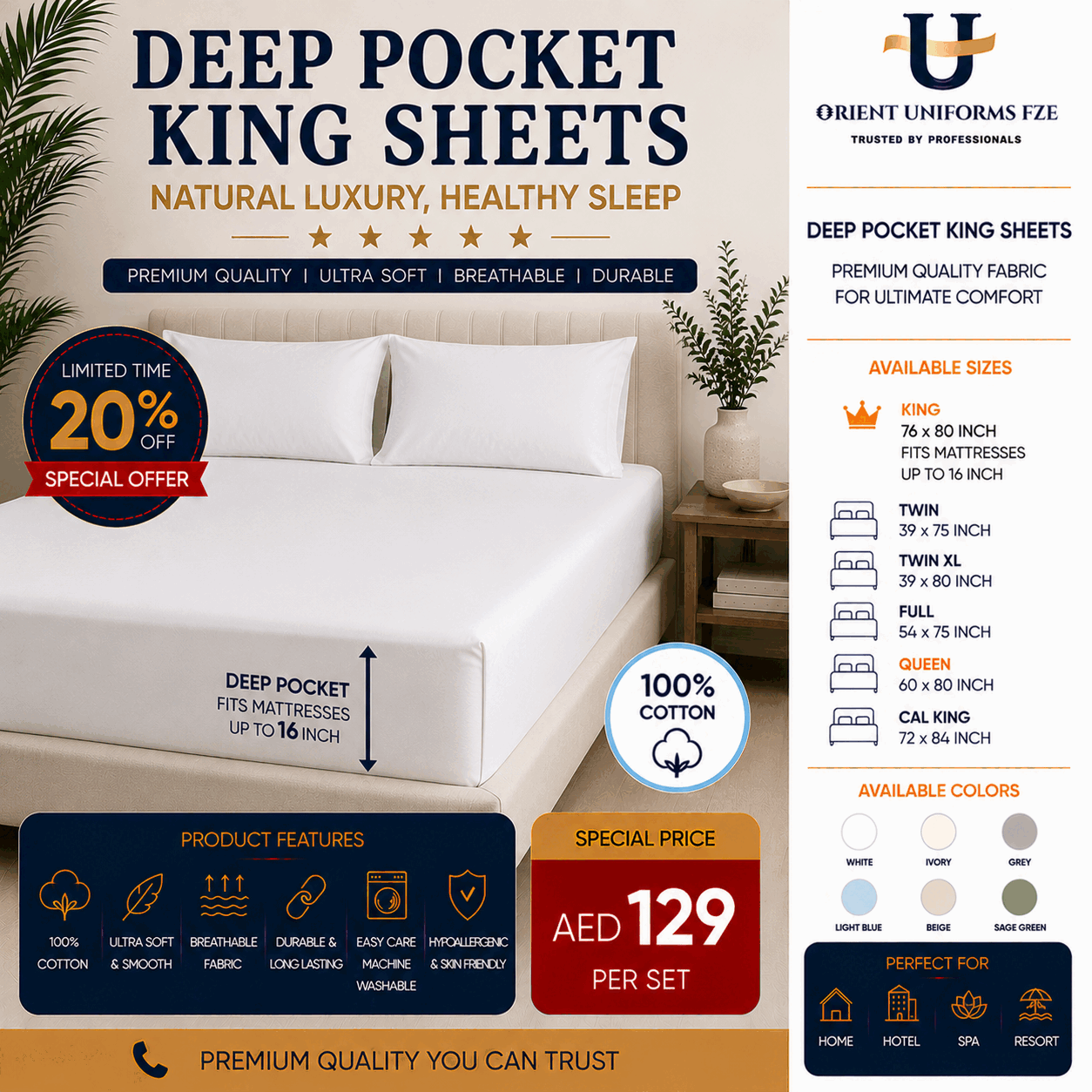 Deep Pocket Queen Size Bed Sheets for UAE commercial textile supply