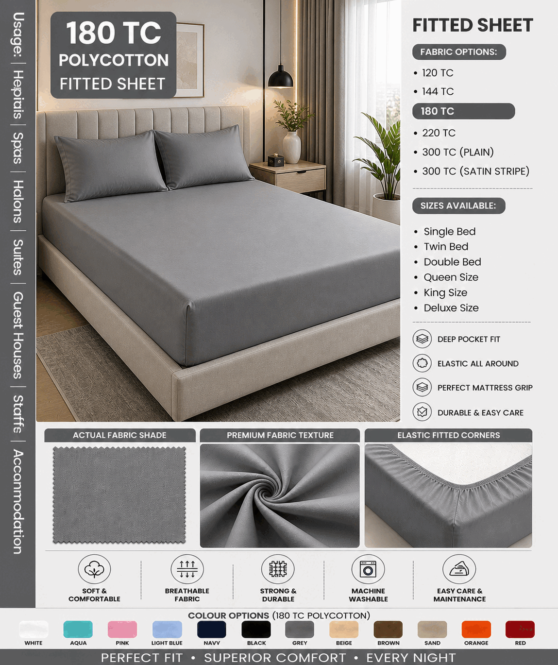Grey Fitted Bed Sheet for UAE commercial textile supply