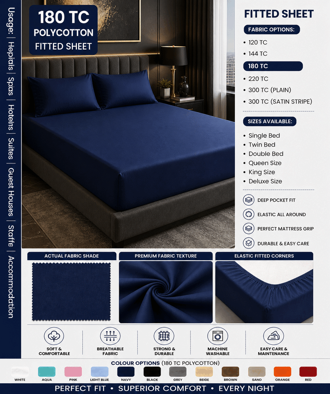 Navy Blue Fitted Bed Sheet for UAE commercial textile supply