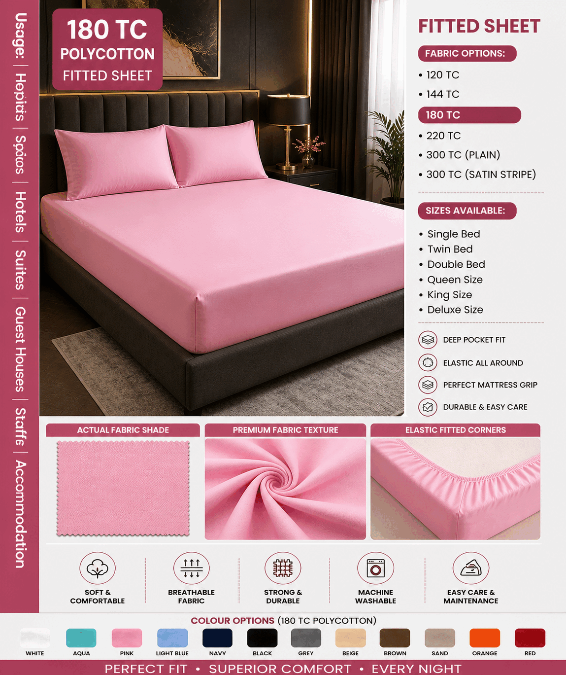 Pink Colour Fitted Bed Sheet for UAE commercial textile supply