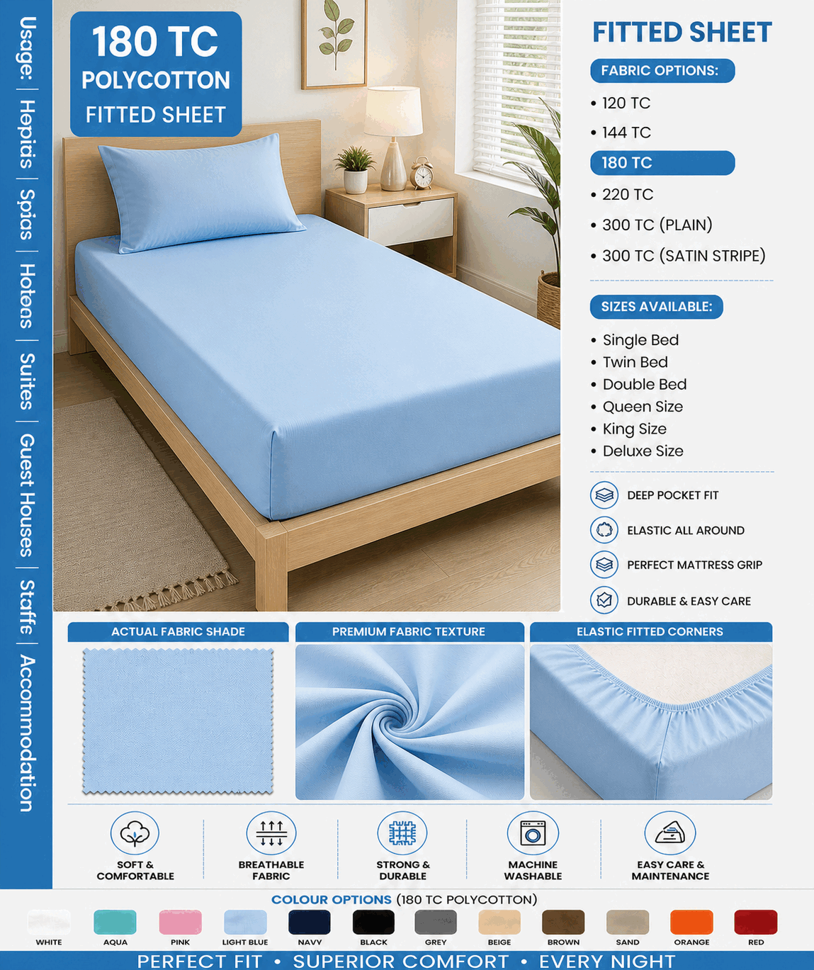 Sky Blue Fitted Bed Sheet for UAE commercial textile supply
