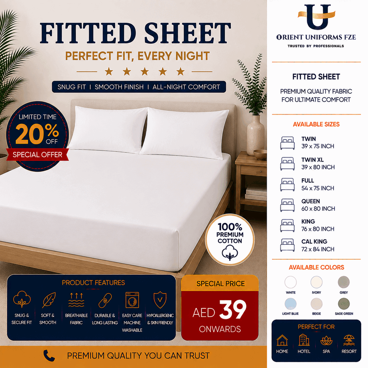 White Deep Pockets Fitted Bed Sheet