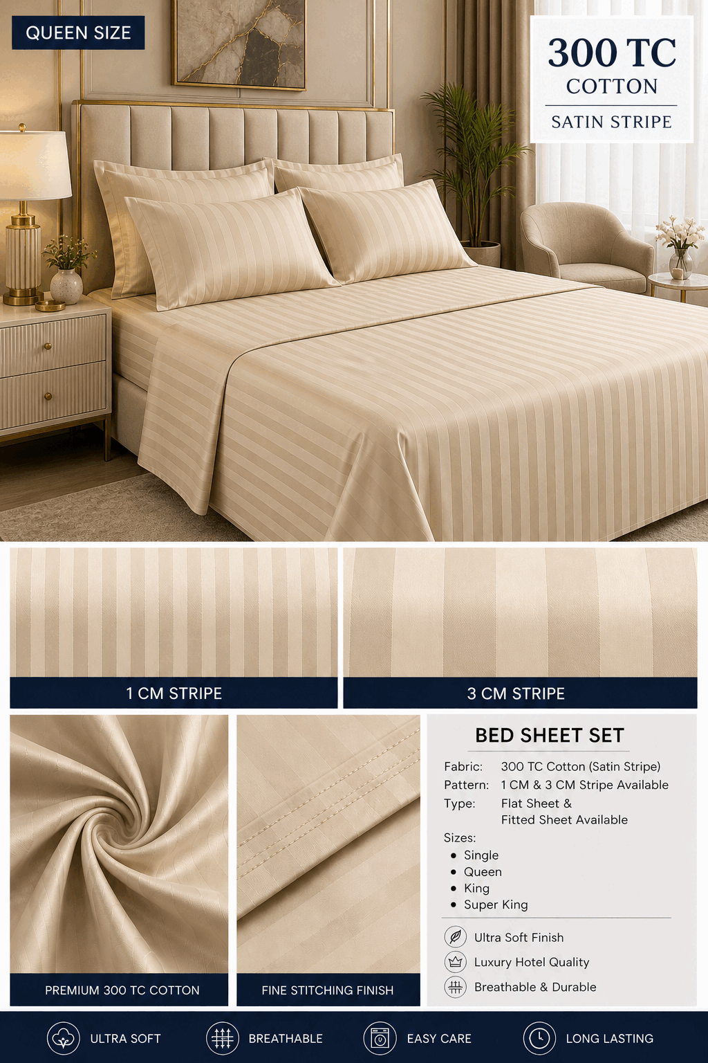 Beige Satin Stripe Bed Sheet