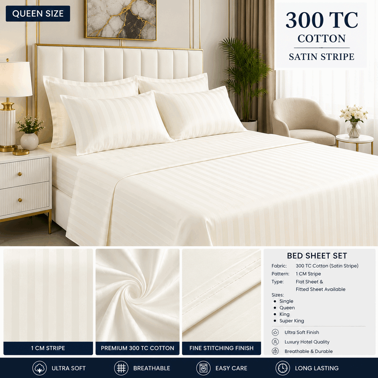 Cream Colourr Satin Stripe Bed Sheet