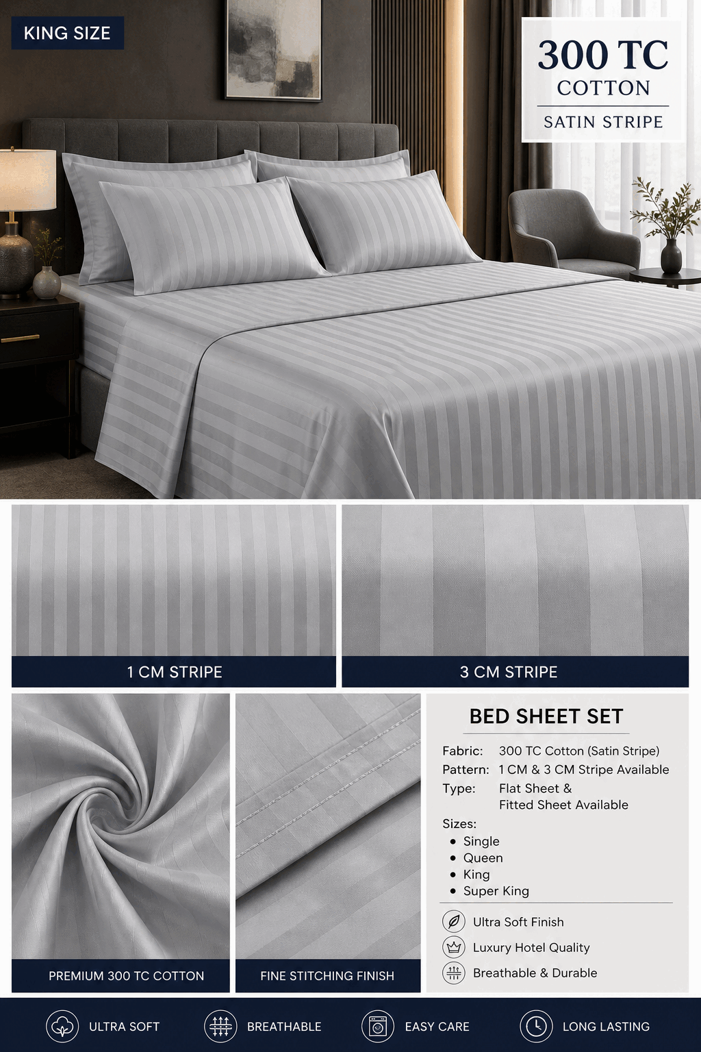Grey Satin Stripe Bed Sheet