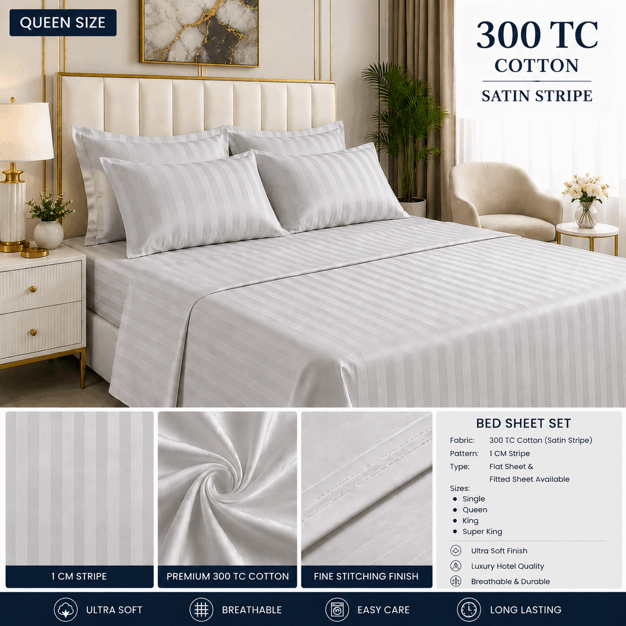 Light Grey Satin Stripe Bed Sheet