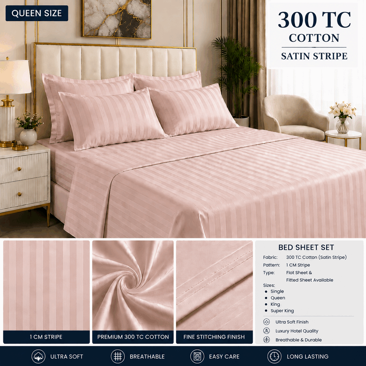 Light Pink Satin Stripe Bed Sheet
