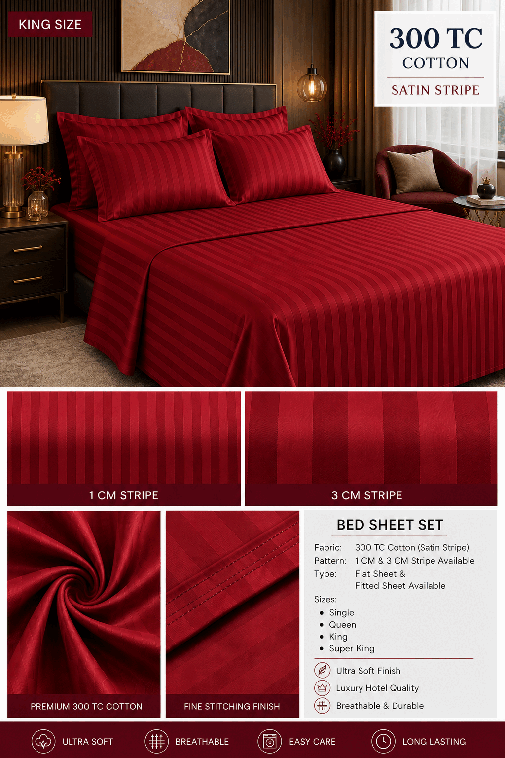 Maroon Satin Stripe Bed Sheet