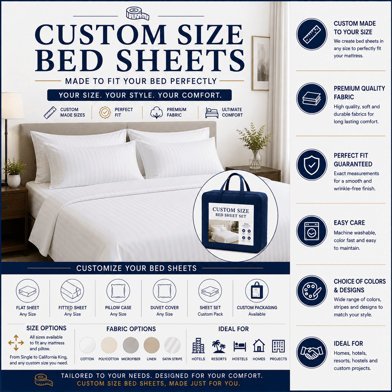 Custom Size Bed Sheets for UAE commercial textile supply