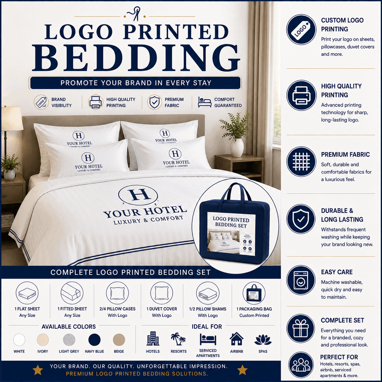 Logo Printed Bedding for UAE commercial textile supply