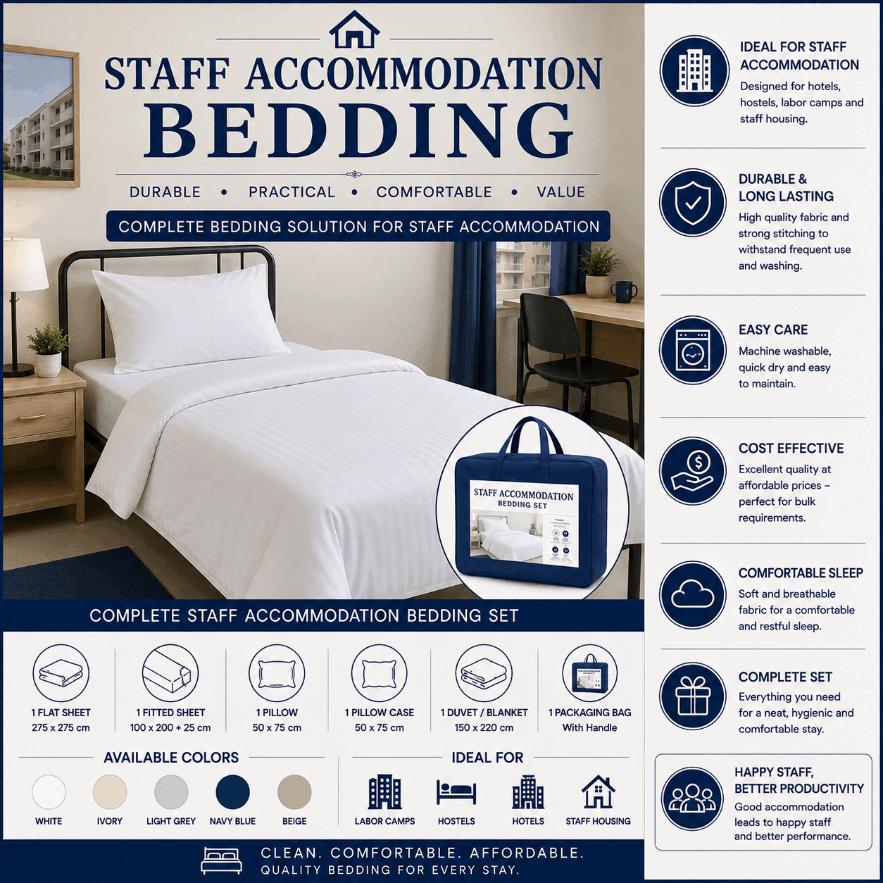 Staff Accommodation Bedding for UAE commercial textile supply