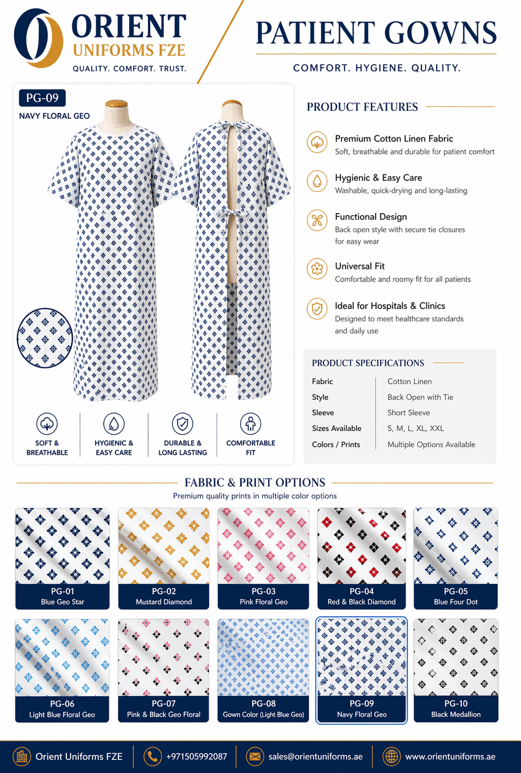 Printed White And Navy Patient Gown