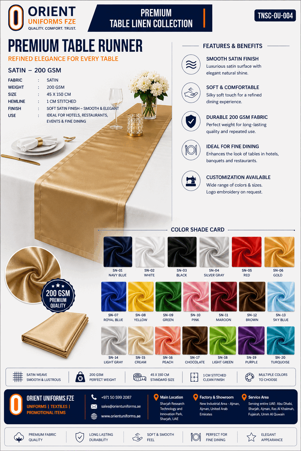 Table Runners Satin Collection for UAE commercial textile supply